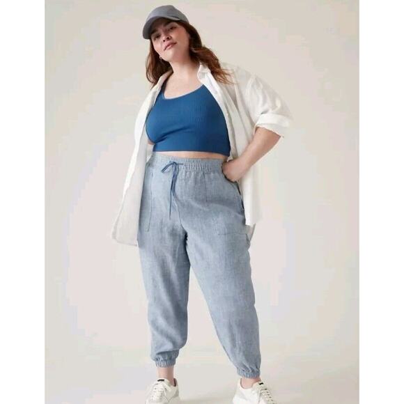 Athleta Retreat 100% Linen Jogger Pant 14TALL Blue Chambray High Rise Drawstring - Picture 1 of 13